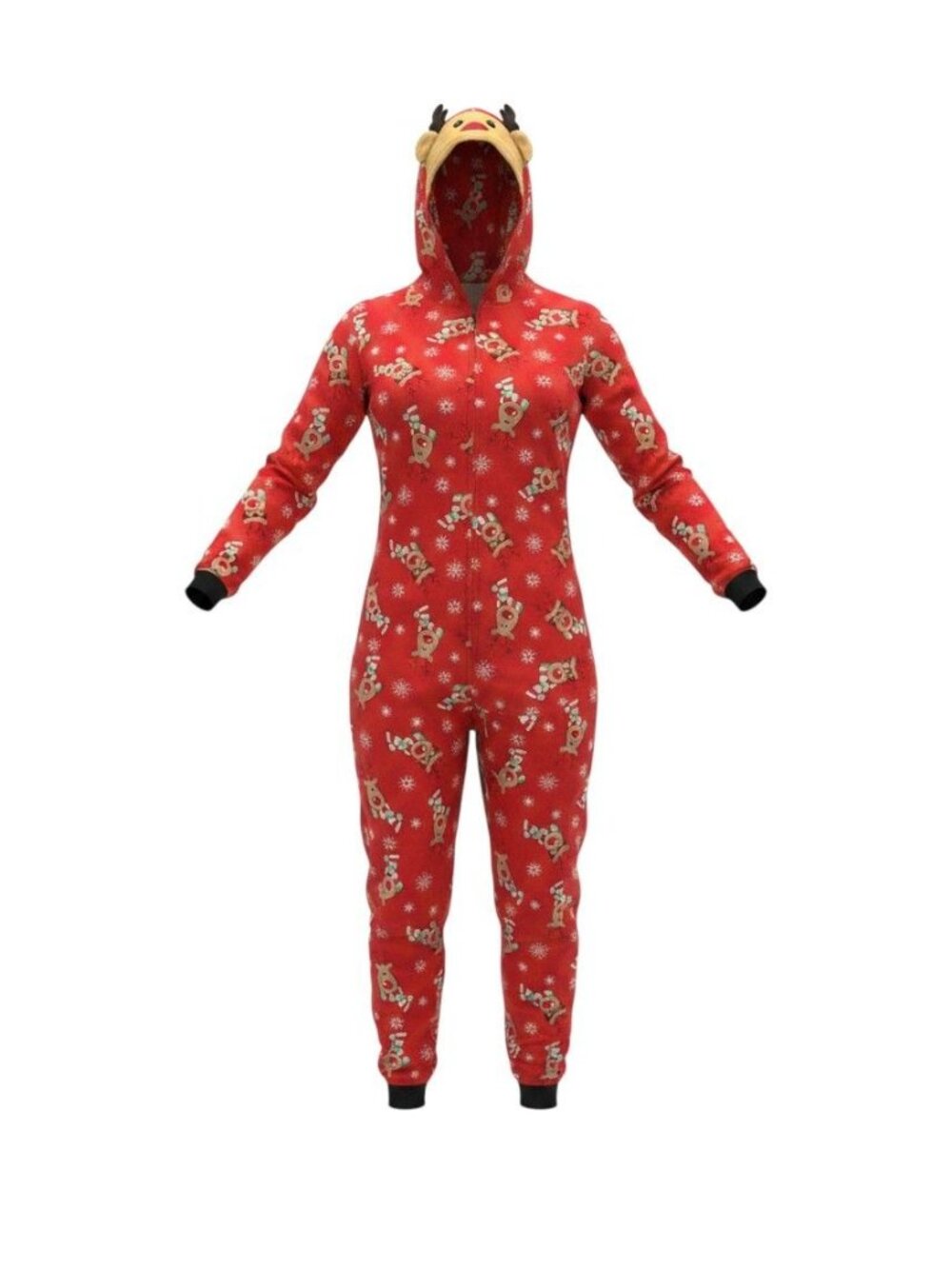 Red Reindeer Hooded Christmas One Piece Pajamas Zip Closure Size M